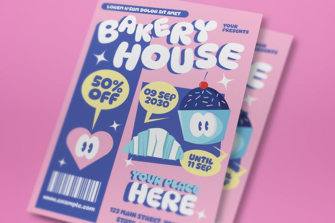 粉色扁平设计风格面包烘焙店传单套装 Pink Flat Design Bakery House Flyer Set