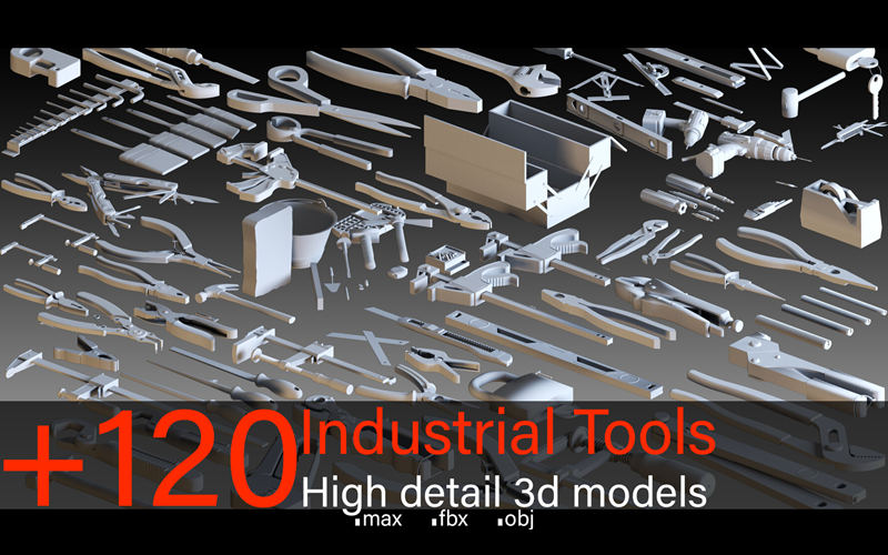 C4D工业工具锤子扳手3D模型钳子锯子电钻设备剪刀刷子基础白模_