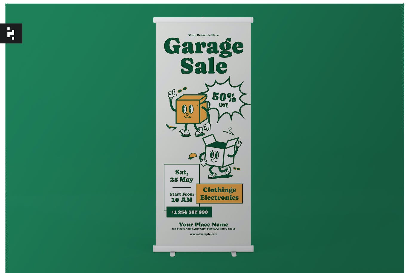 复古风格车库出售易拉宝设计模板 Garage Sale Roll Up Banner Groovy Retro