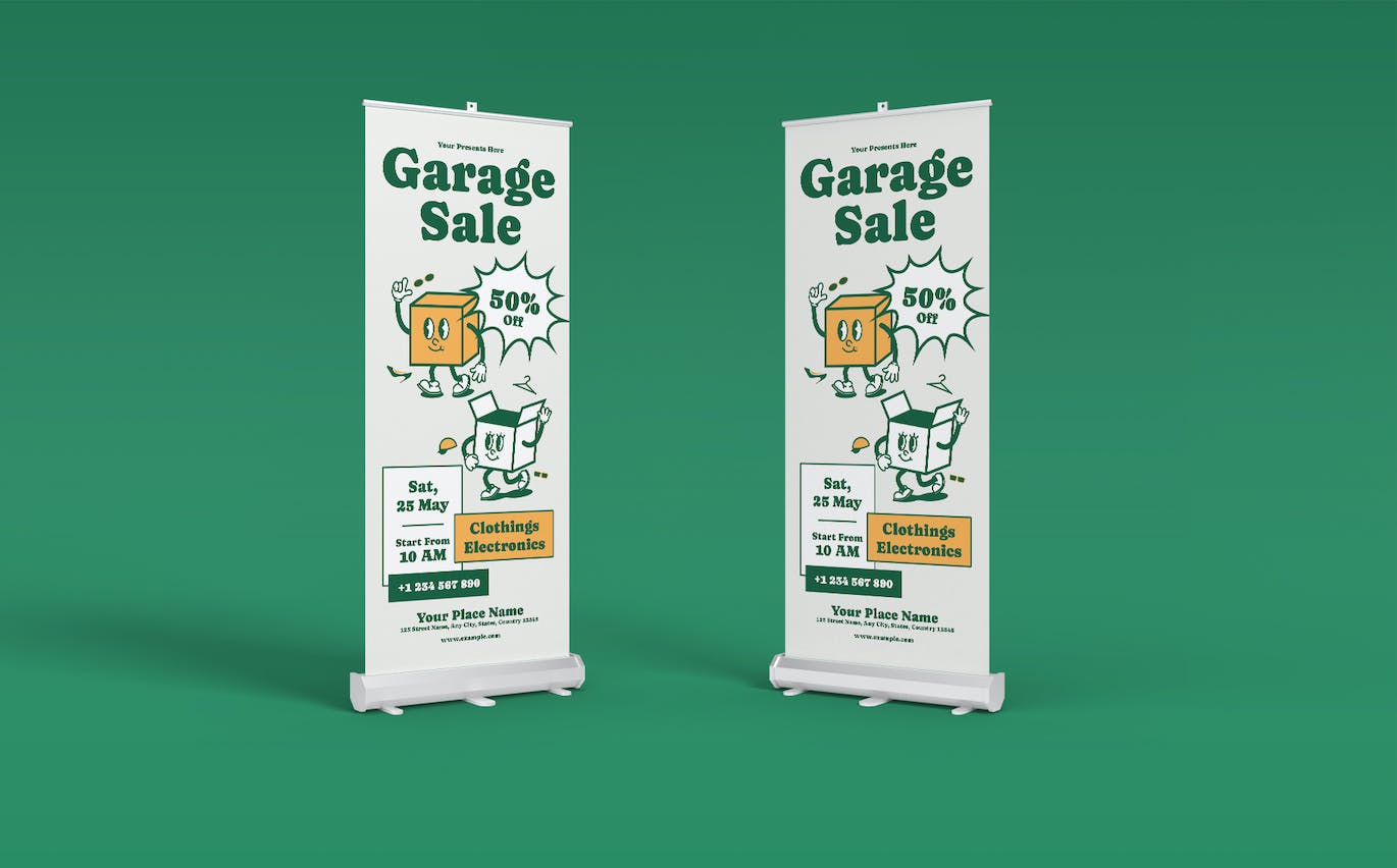 复古风格车库出售易拉宝设计模板 Garage Sale Roll Up Banner Groovy Retro