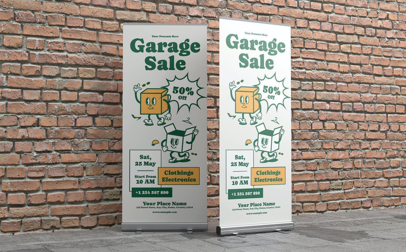 复古风格车库出售易拉宝设计模板 Garage Sale Roll Up Banner Groovy Retro