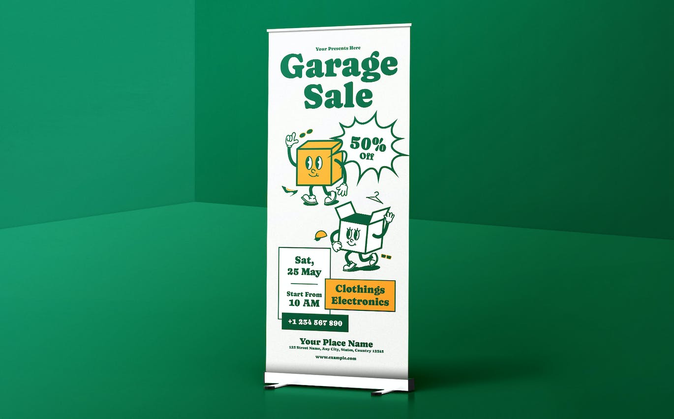 复古风格车库出售易拉宝设计模板 Garage Sale Roll Up Banner Groovy Retro