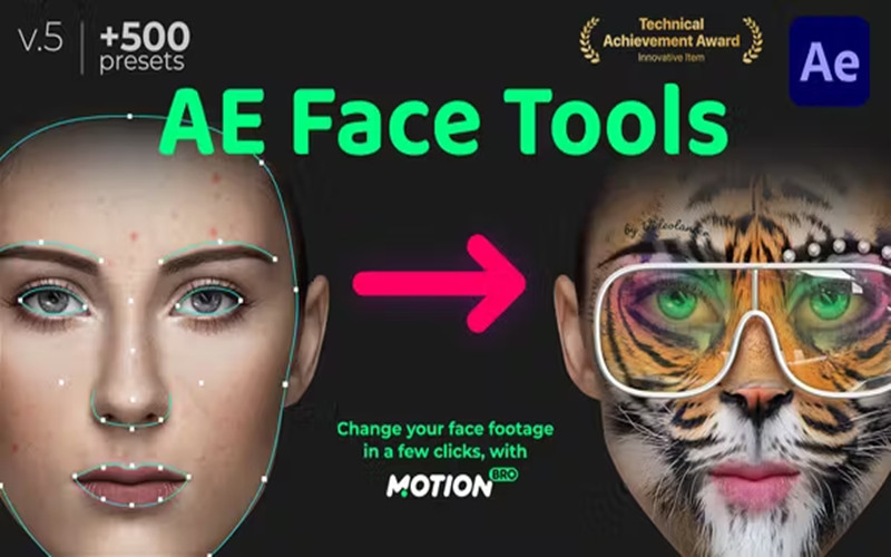 AE脚本-Face Tools V5.2 人脸面部追踪合成表情丑化换脸化妆美颜工具_