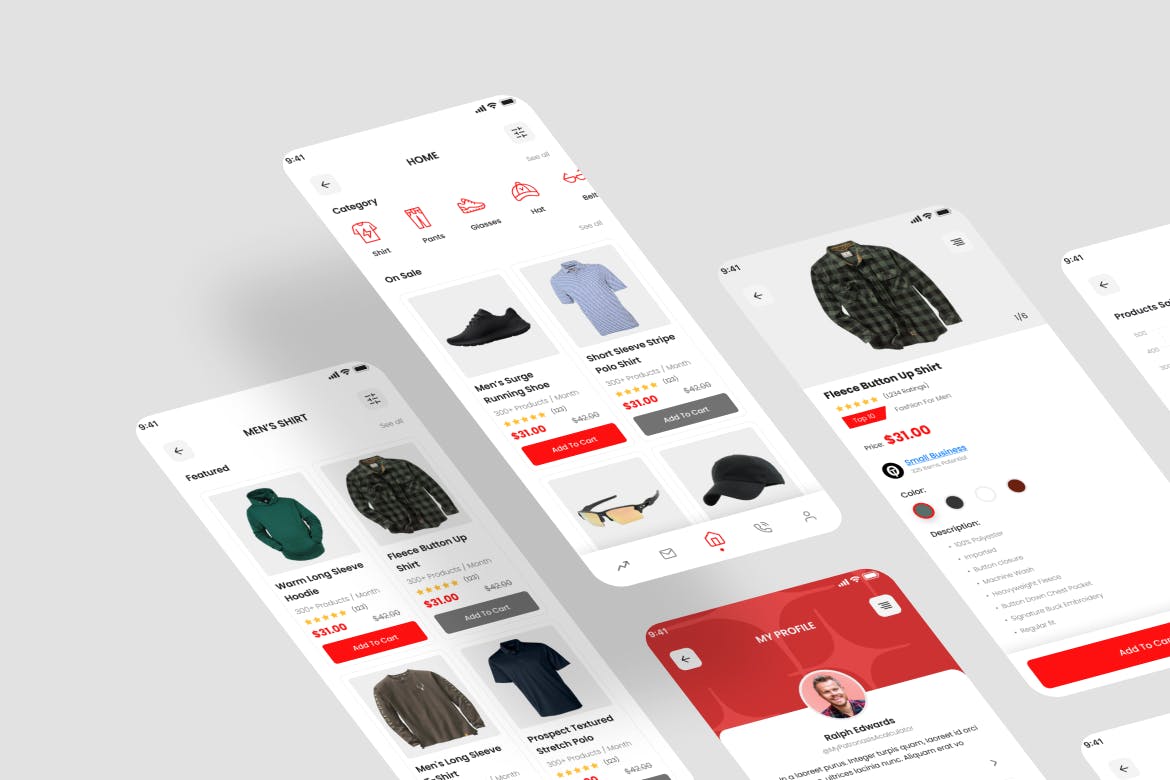 男士时尚服饰电商应用 UI 套件 Mens Fashion App UI Kit