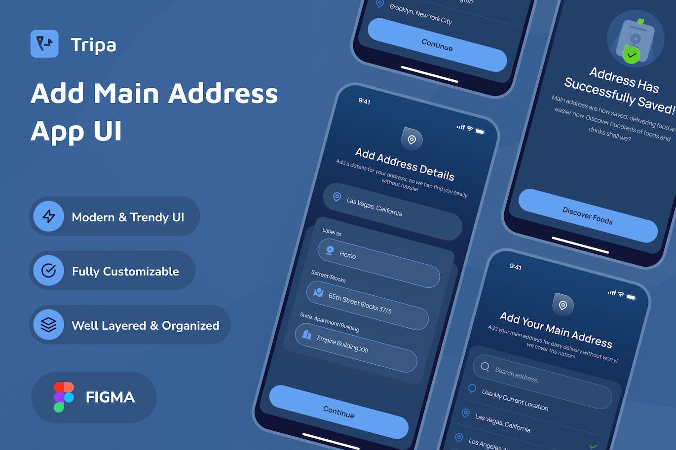 地址管理APP页面深色调UI模板 Fudia &#8211; Add Main Address Dark Mode App UI