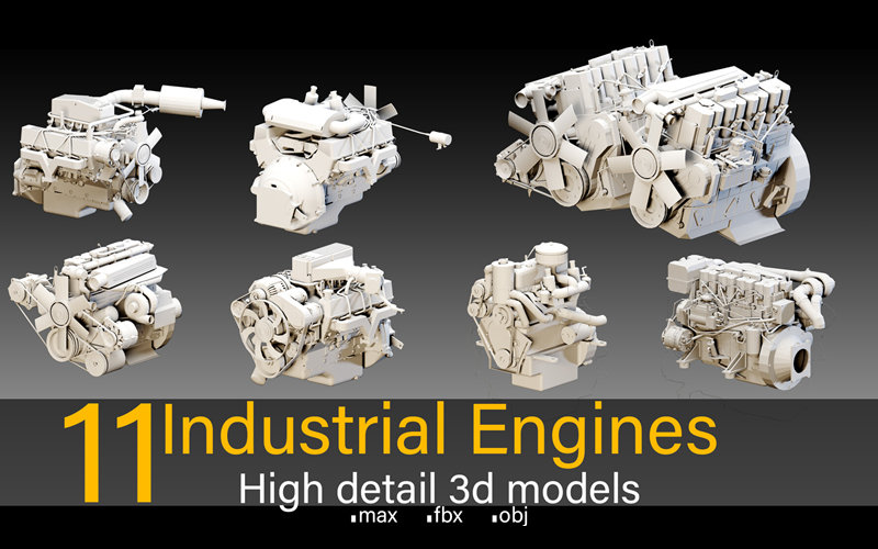 C4D高细节工业发动机3D模型汽车引擎轮船发动机设备工业基础白模_