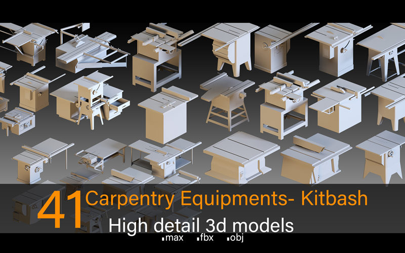 C4D高细节木工设备3D模型木工机械设备木头加工机器车床基础白模_