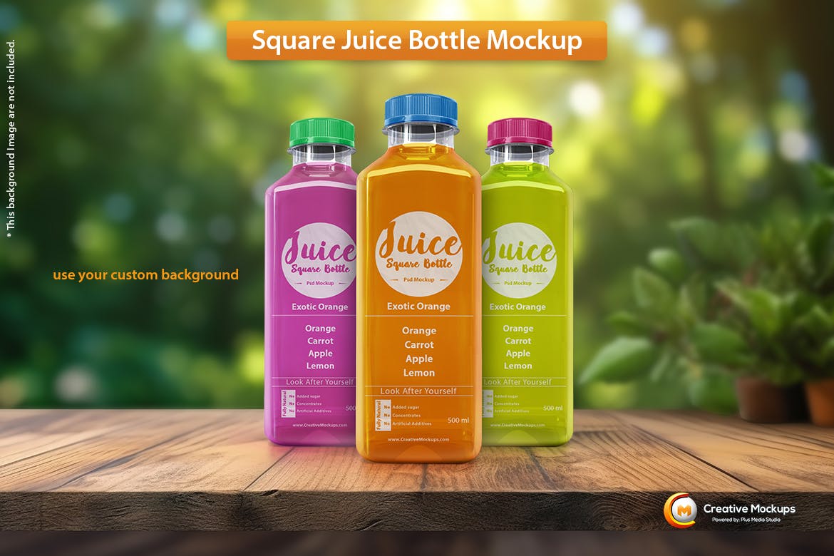 方形果汁瓶样机 Square Juice Bottle Mockup