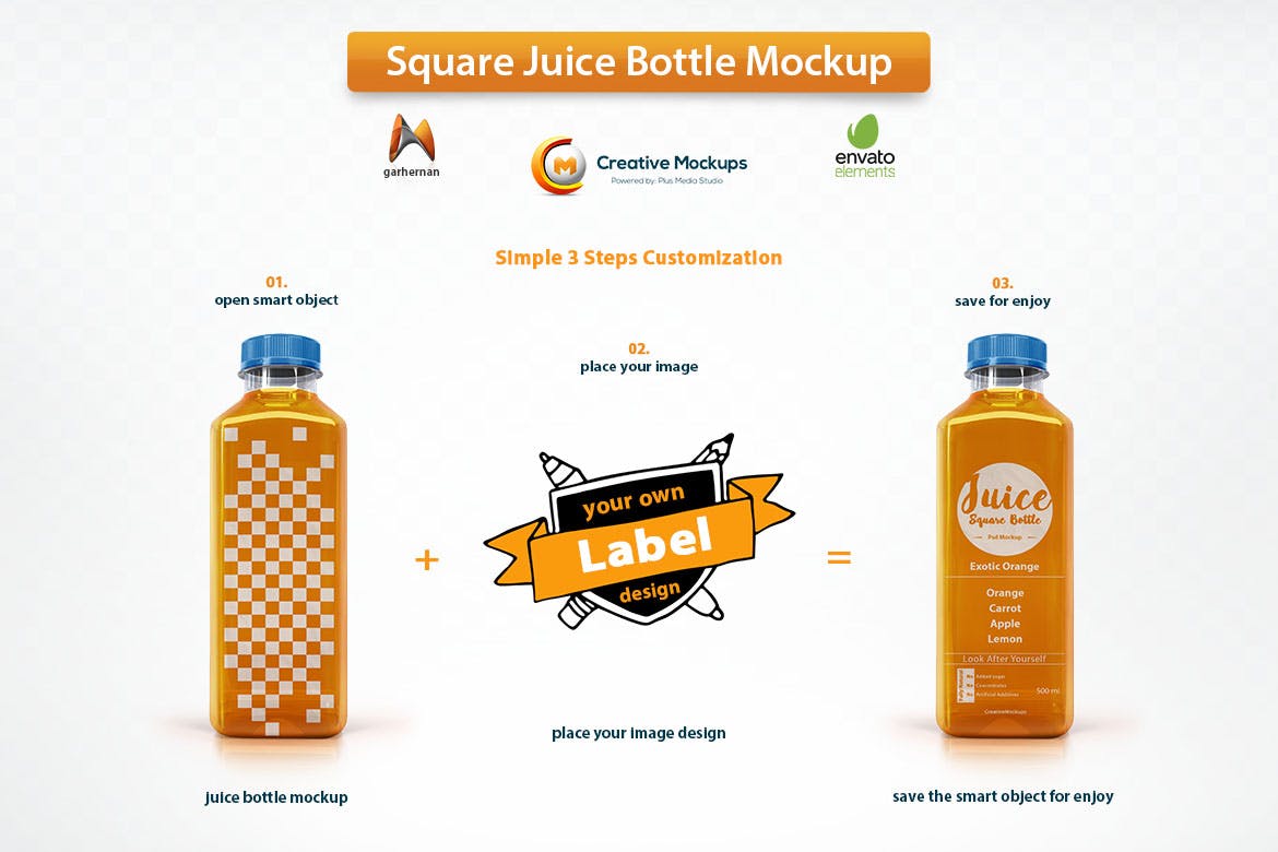 方形果汁瓶样机 Square Juice Bottle Mockup