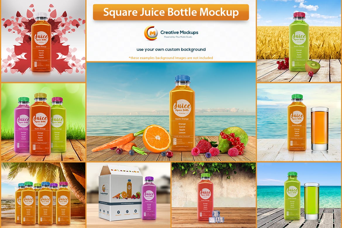 方形果汁瓶样机 Square Juice Bottle Mockup