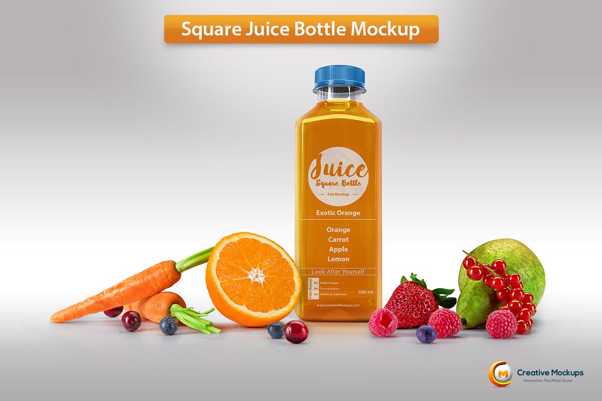 方形果汁瓶样机 Square Juice Bottle Mockup