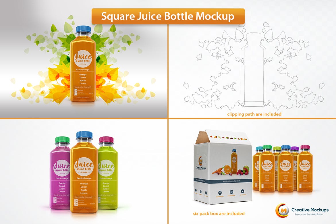 方形果汁瓶样机 Square Juice Bottle Mockup