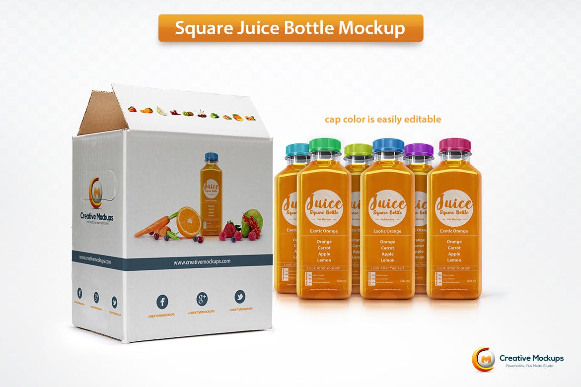 方形果汁瓶样机 Square Juice Bottle Mockup