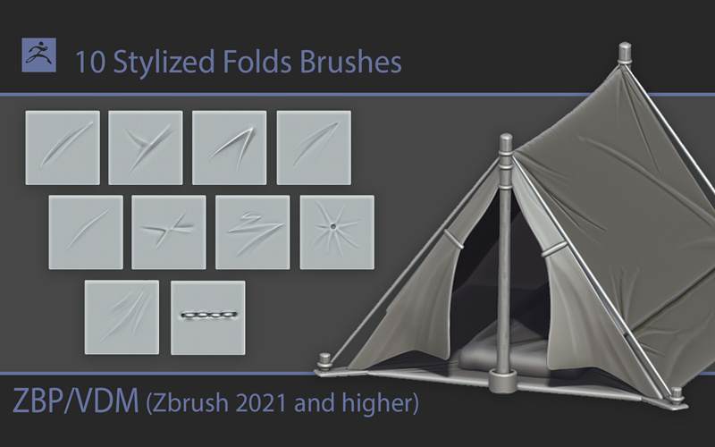 ZBrush风格化帐篷折叠折痕笔刷织物衣服褶皱张力细节雕刻zb笔刷_
