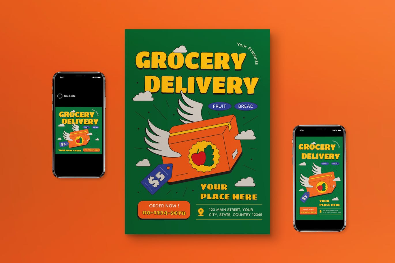 绿色平面设计杂货配送海报素材 Green Flat Design Grocery Delivery Flyer Set