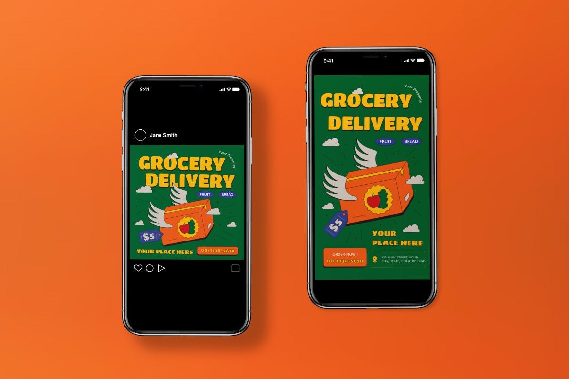 绿色平面设计杂货配送海报素材 Green Flat Design Grocery Delivery Flyer Set