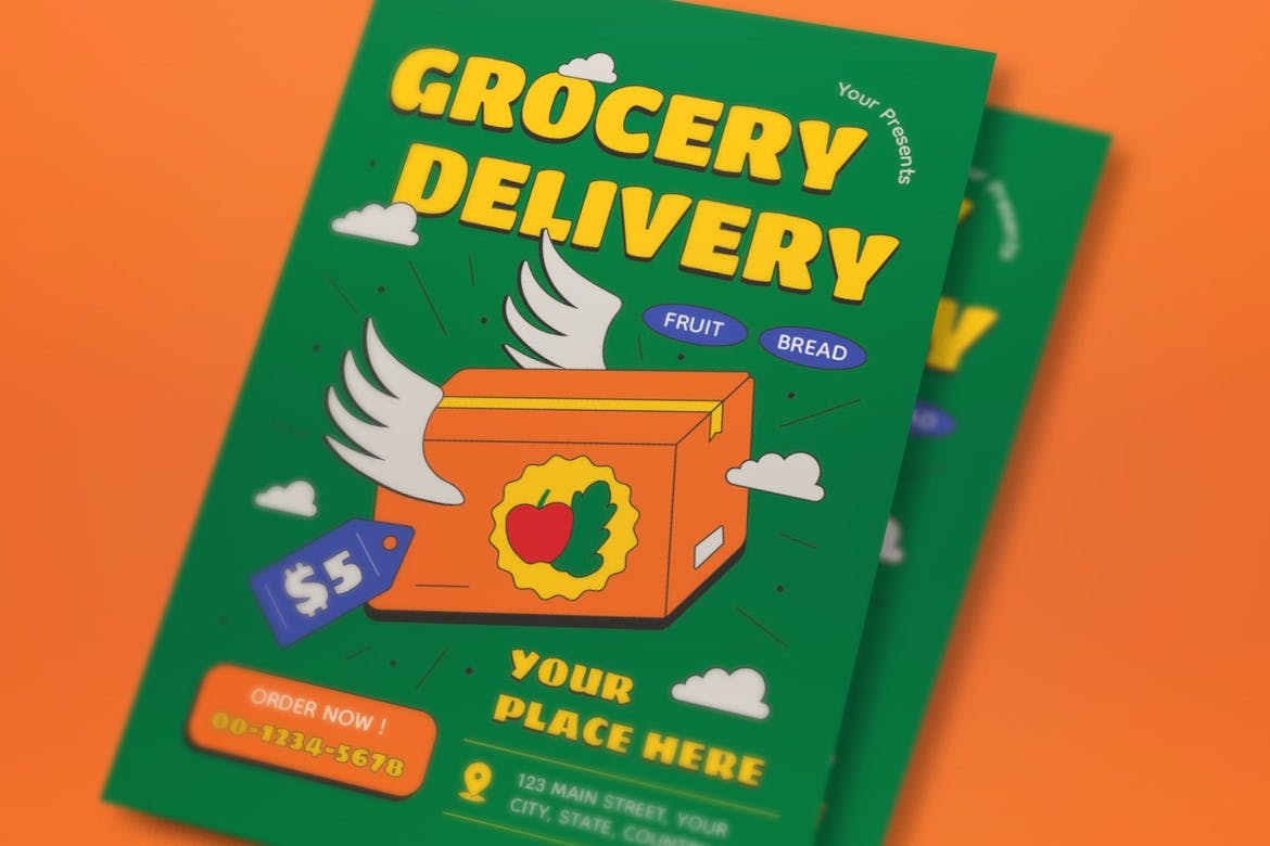 绿色平面设计杂货配送海报素材 Green Flat Design Grocery Delivery Flyer Set