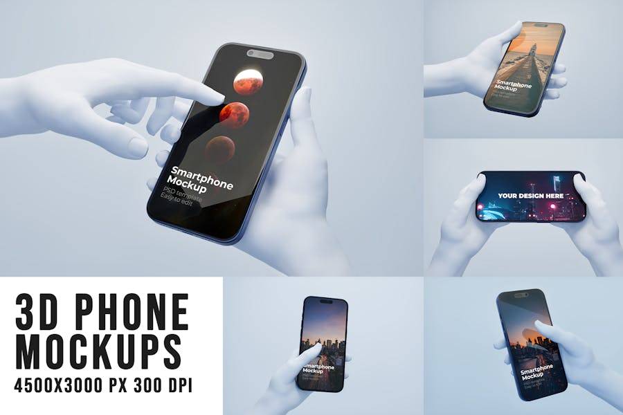 未来科幻手持苹果iPhone 15 Pro屏幕演示效果图贴图PSD样机模板 3D Phone Mockups - —