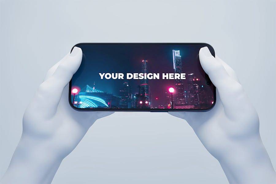 未来科幻手持苹果iPhone 15 Pro屏幕演示效果图贴图PSD样机模板 3D Phone Mockups - —