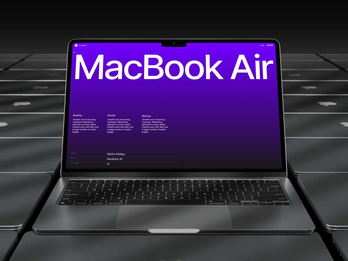 16款暗黑工业风苹果MacBook Air笔记本电脑屏幕演示效果图PS贴图样机模板 L-Mockups: MacBook Air - —