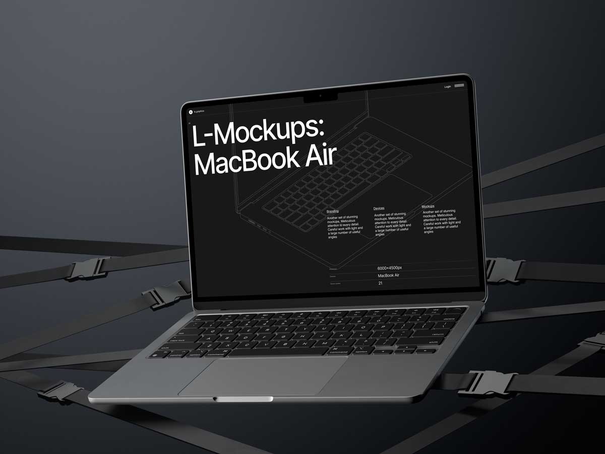 16款暗黑工业风苹果MacBook Air笔记本电脑屏幕演示效果图PS贴图样机模板 L-Mockups: MacBook Air - —