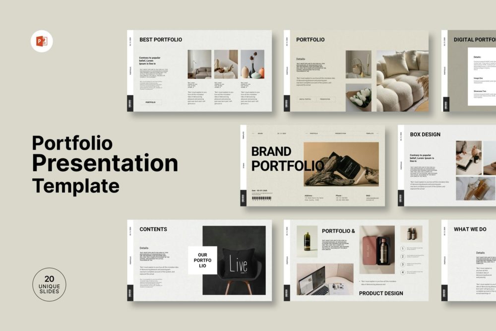 优雅时尚莫兰迪色品牌作品集图文排版设计ppt模板 Portfolio Presentation PowerPoint Template - —