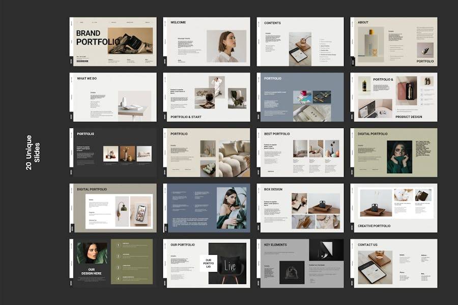 优雅时尚莫兰迪色品牌作品集图文排版设计ppt模板 Portfolio Presentation PowerPoint Template - —