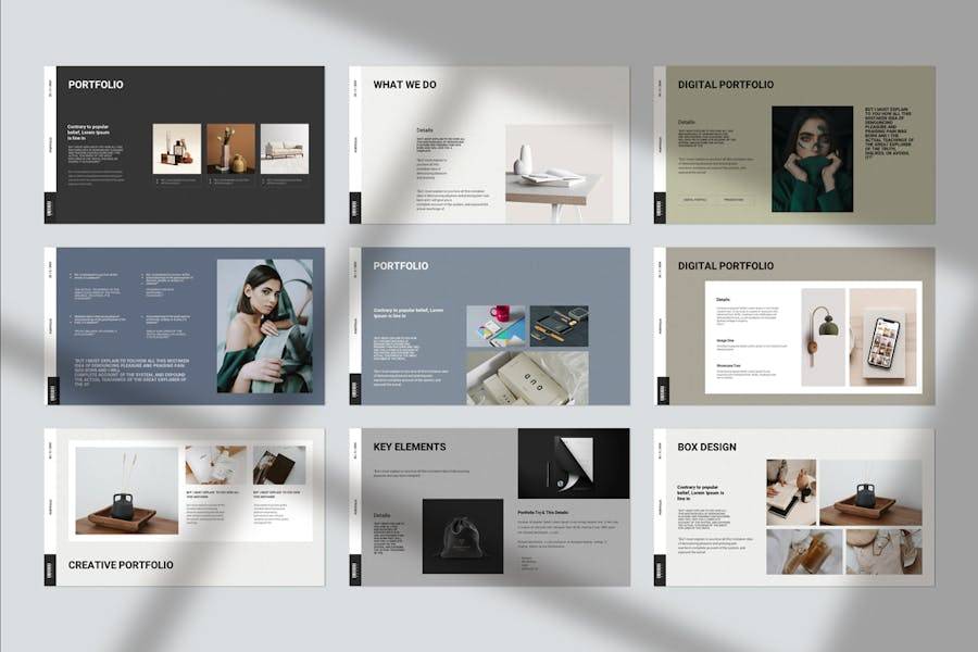 优雅时尚莫兰迪色品牌作品集图文排版设计ppt模板 Portfolio Presentation PowerPoint Template - —