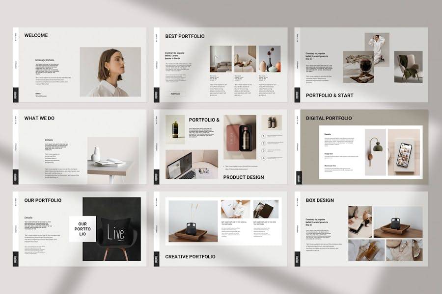 优雅时尚莫兰迪色品牌作品集图文排版设计ppt模板 Portfolio Presentation PowerPoint Template - —