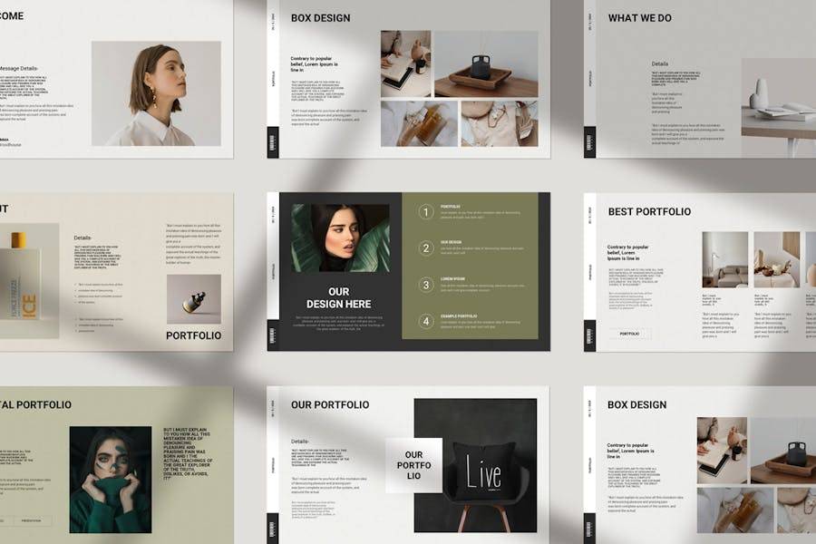 优雅时尚莫兰迪色品牌作品集图文排版设计ppt模板 Portfolio Presentation PowerPoint Template - —