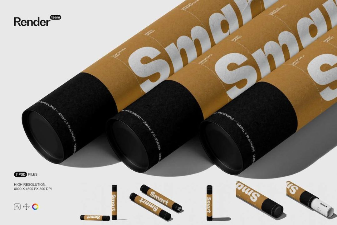 7款时尚信件艺术品包装纸管设计展示效果图PSD样机模板素材 Paper Tube Mockup Set - —