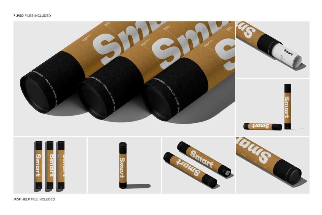 7款时尚信件艺术品包装纸管设计展示效果图PSD样机模板素材 Paper Tube Mockup Set - —