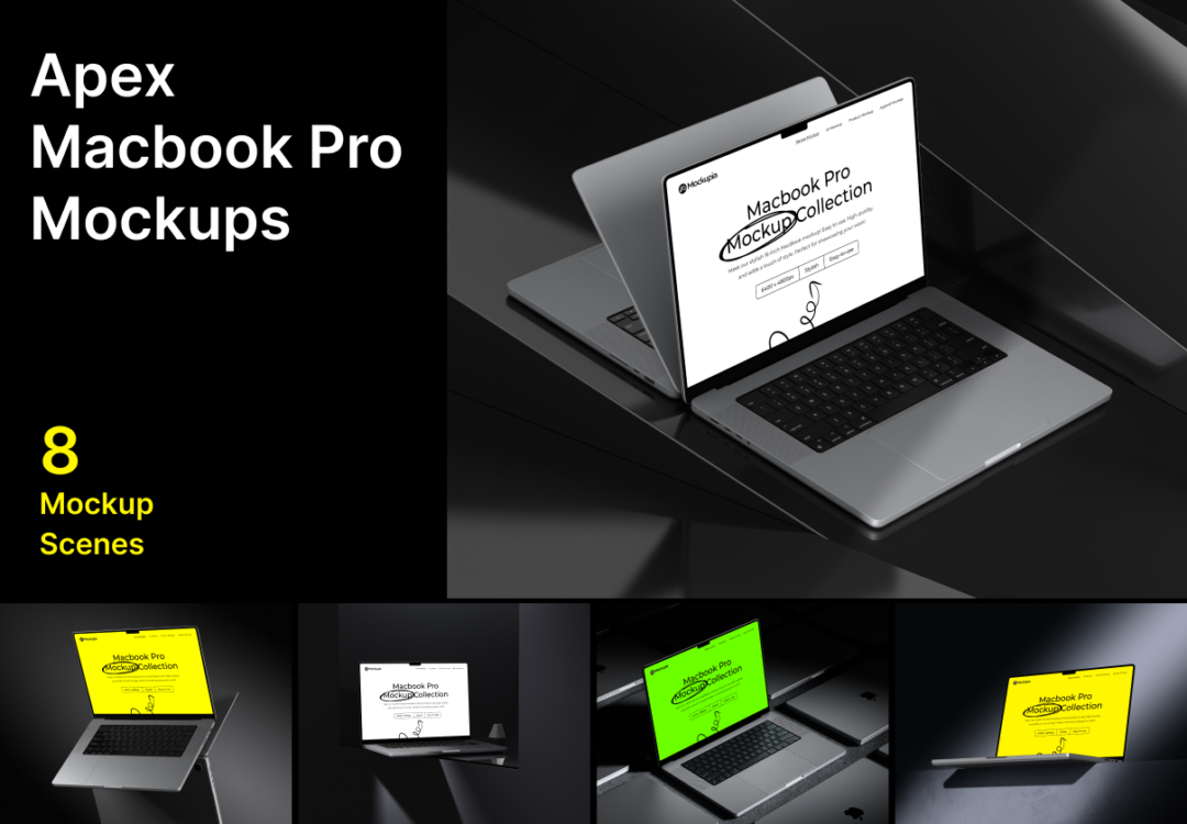 8款暗黑工业风苹果笔记本MacBook Pro屏幕展示贴图PSD效果图样机模板 Apex Macbook Pro Mockups - —