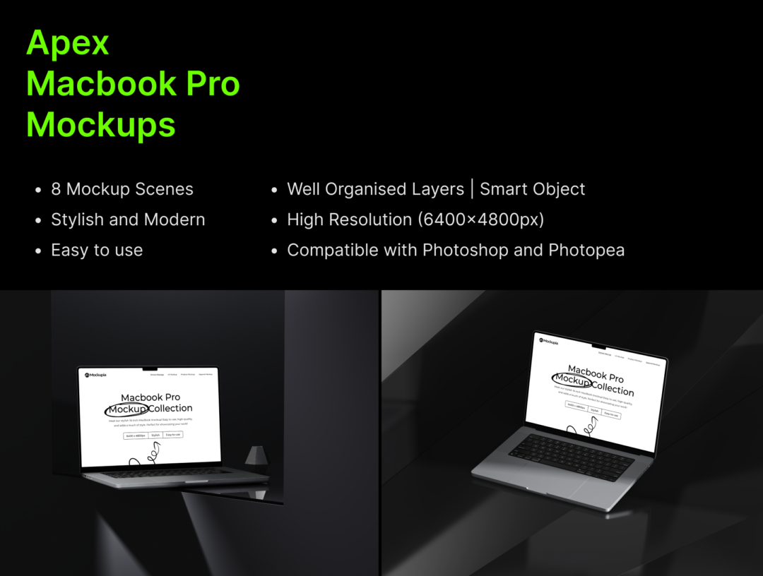 8款暗黑工业风苹果笔记本MacBook Pro屏幕展示贴图PSD效果图样机模板 Apex Macbook Pro Mockups - —