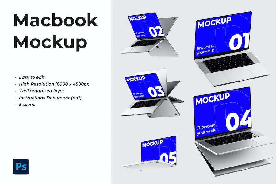 5款时尚苹果笔记本电脑MacBook Pro屏幕演示贴图样机PSD模版 Macbook Pro Mockup - —