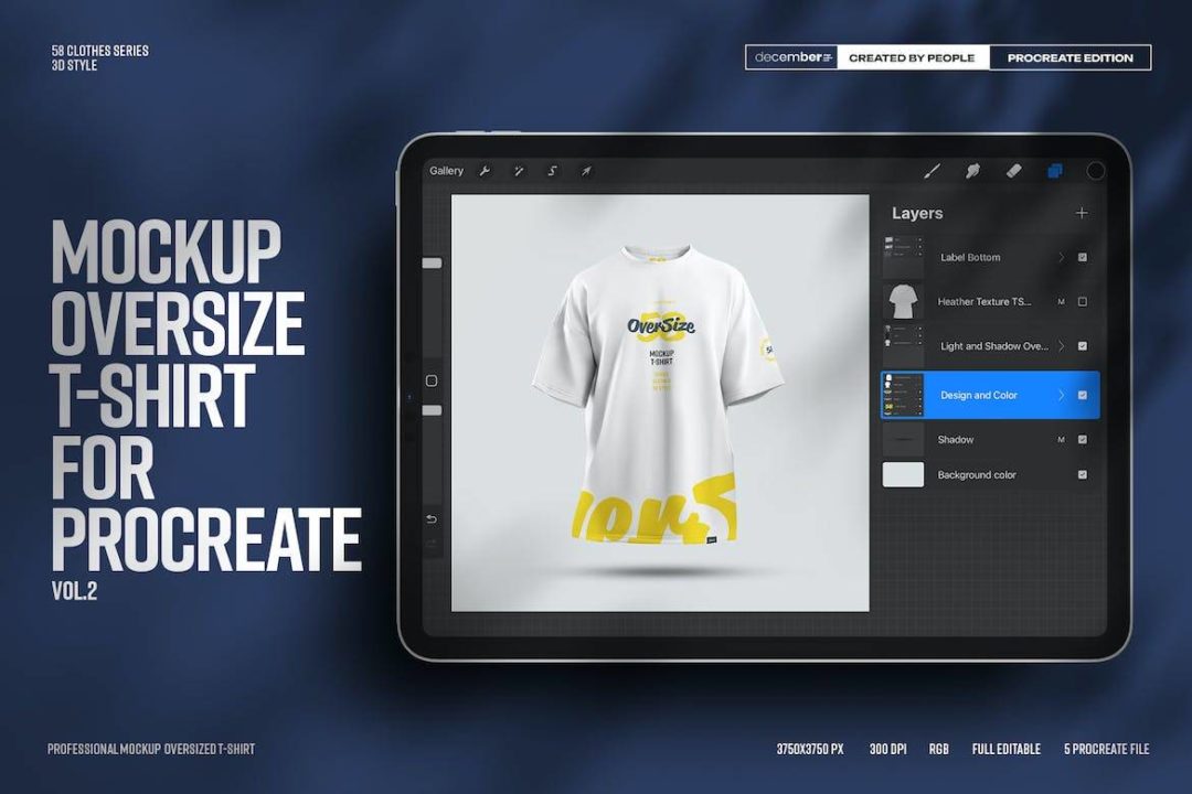 5款时尚超大T恤半袖上衣设计展示效果图样机Procreate模板素材 5 Mockups Oversize T-shirt for Procreate vol.2 - —