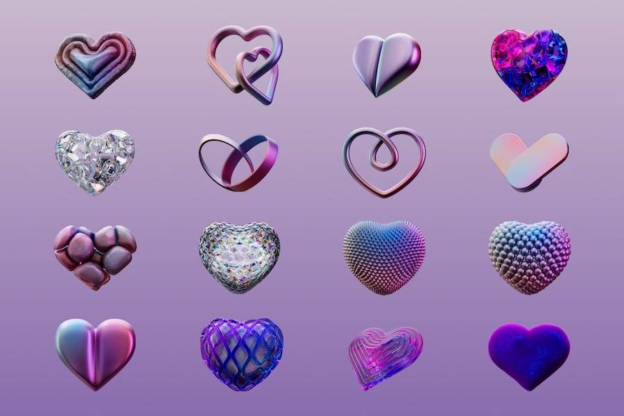 25款浪漫情人节爱情3D心形图标抽象艺术PNG免抠图设计素材 3D Abstract Heart Objects - —