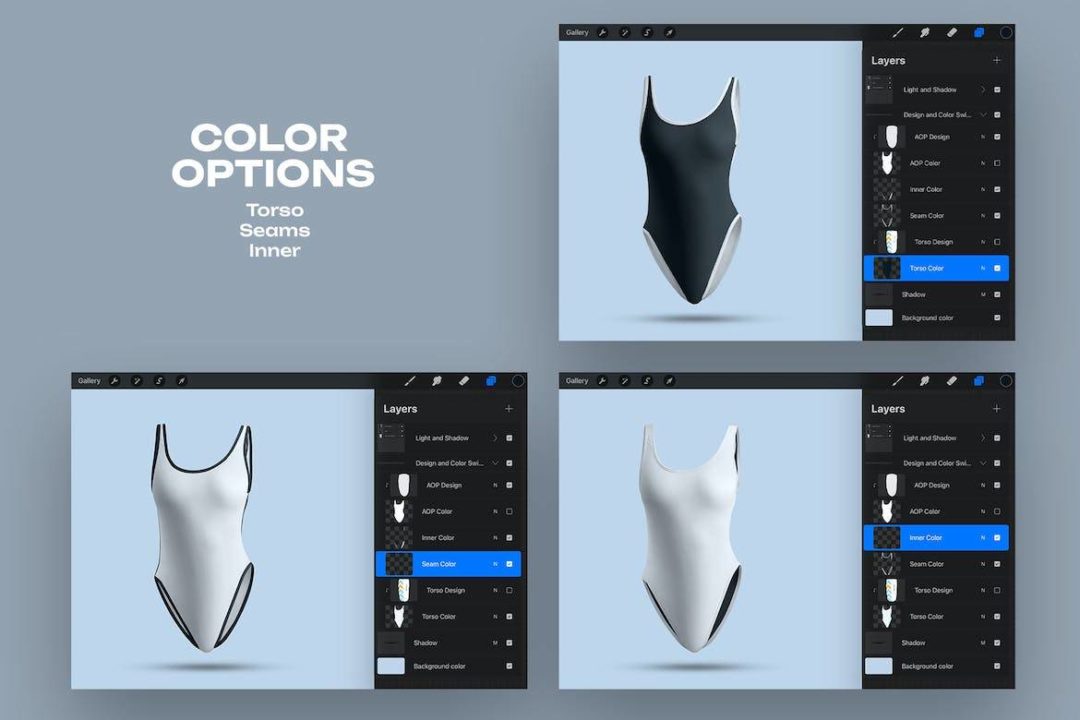 时尚女士泳衣印花图案设计展示效果图样机模板Procreate素材 4 Mockups of a One Piece Sports Women&#x27;s Swimsuit for Procreate. 3D Style - —