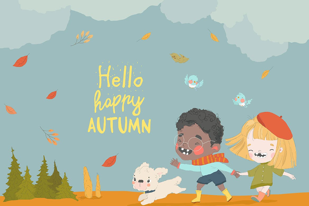 秋天奔跑人物矢量插画 Happy Kids running on Autumn Meadow with Cute Dog.