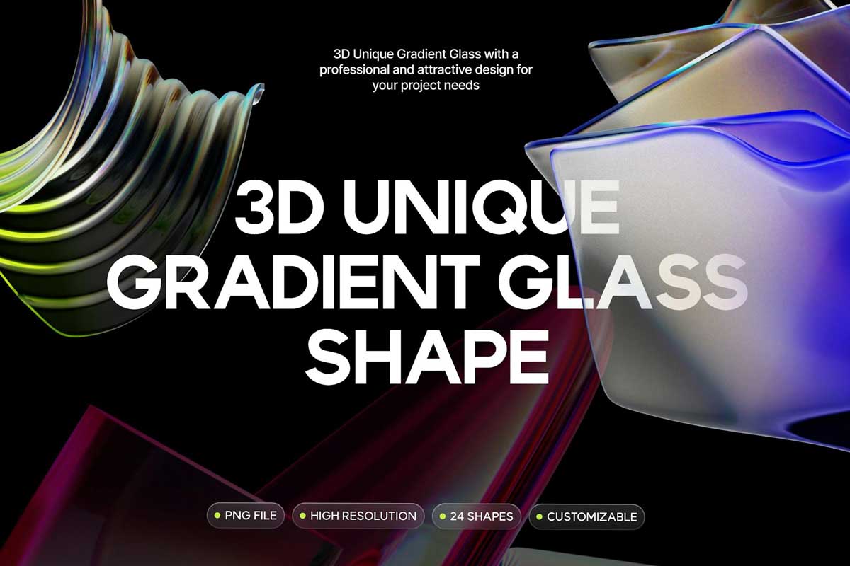 25款多彩半透明玻璃水晶3D立体图标Icons图形PNG免抠图设计素材 3D Unique Gradient Glass Shape - —