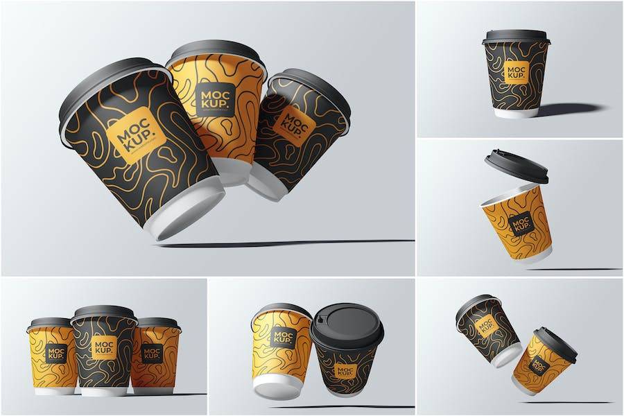 6款时尚一次外卖咖啡纸杯设计展示效果图PSD样机模板 Drink Cup Mockup - —