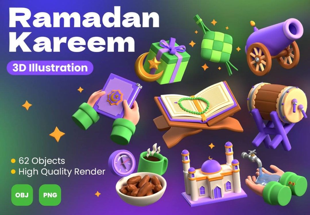 62款高质量穆斯林斋月节元素插图3D图标Icons设计素材包 Ramadan Kareem 3D Illustrations - —