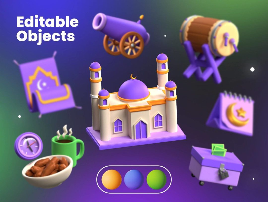 62款高质量穆斯林斋月节元素插图3D图标Icons设计素材包 Ramadan Kareem 3D Illustrations - —