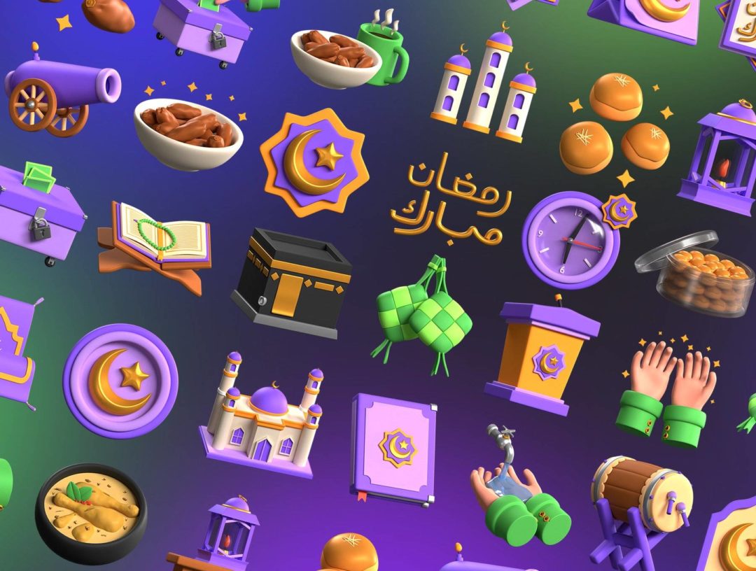 62款高质量穆斯林斋月节元素插图3D图标Icons设计素材包 Ramadan Kareem 3D Illustrations - —