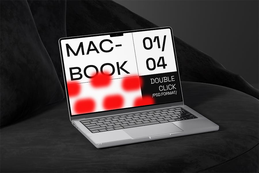 4款工业暗黑风苹果MacBook笔记本电脑屏幕演示贴图PSD样机模板 Laptop Mockup - —