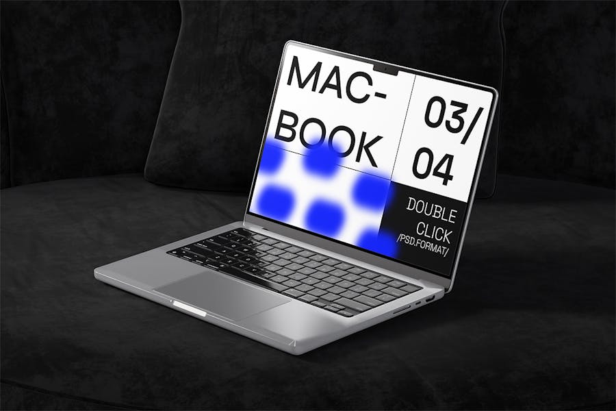 4款工业暗黑风苹果MacBook笔记本电脑屏幕演示贴图PSD样机模板 Laptop Mockup - —