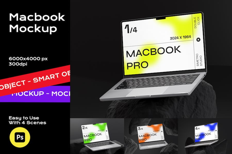 工业风石头背景苹果MacBook笔记本电脑屏幕演示贴图PSD样机模板 Laptop Mockup - —