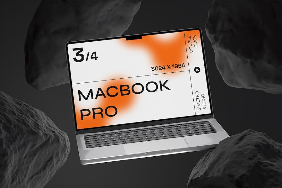 工业风石头背景苹果MacBook笔记本电脑屏幕演示贴图PSD样机模板 Laptop Mockup - —