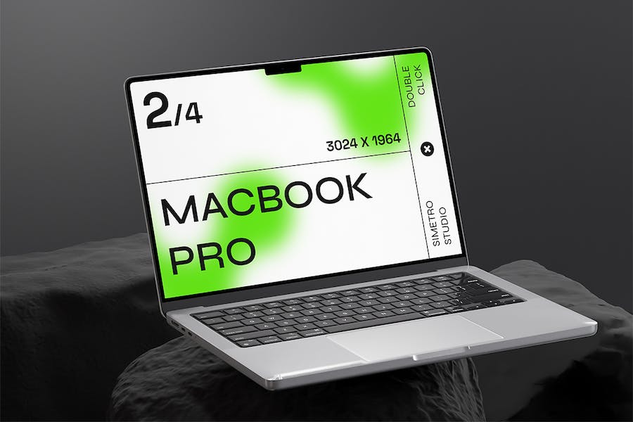 工业风石头背景苹果MacBook笔记本电脑屏幕演示贴图PSD样机模板 Laptop Mockup - —