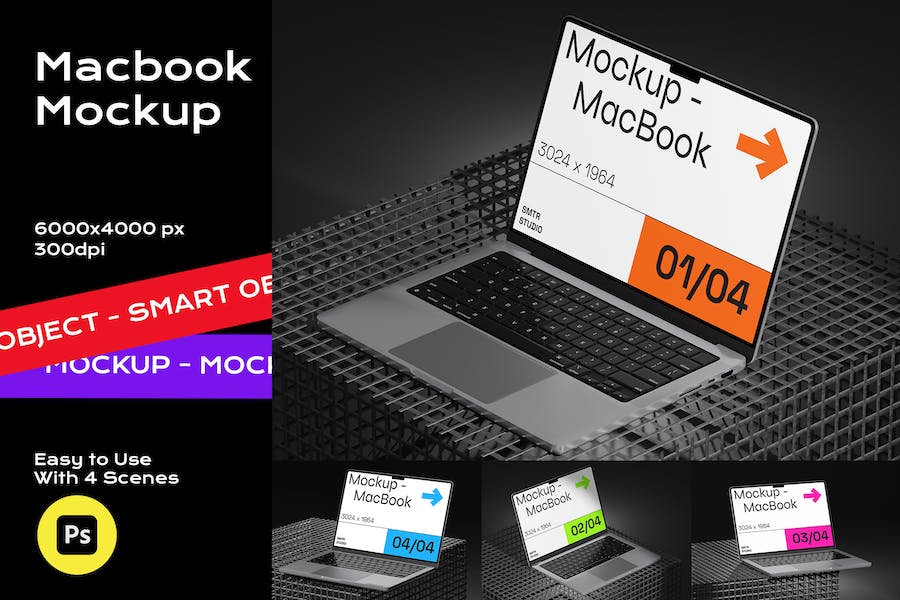 暗黑工业风苹果MacBook笔记本电脑作品集设计演示贴图PSD样机模板 Laptop Mockup - —